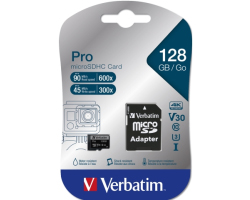 Verbatim memorijska kartica PRO Micro SDXC 128GB, U3, A2, V30, Class 10 Card + adapter