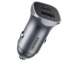 UGREEN auto punjač 30W, USB-C+USB-A, PD3.0/QC3.0, sivi