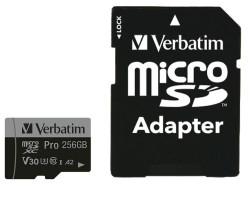 Verbatim memorijska kartica PRO Micro SDXC 256GB, U3, A2, V30, Class 10 Card + adapter