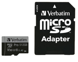 Verbatim memorijska kartica PRO Micro SDXC 512GB, U3, A2, V30, Class 10 Card + adapter